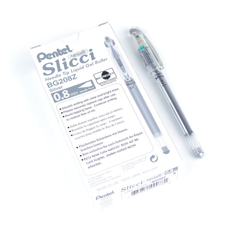 بنتل Pentel Arts Slicci رأس إبرة 0.8 مم، قلم جل متوسط، حبر معدني فضي (BG208-Z)، 12 عبوة - Image 1